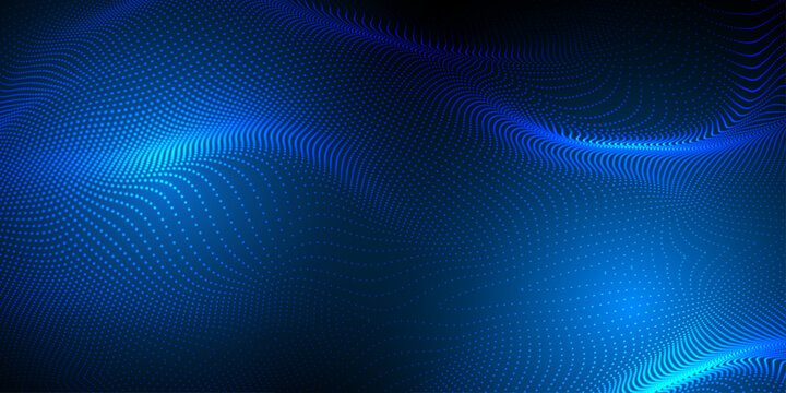 Abstract futuristic blue wave with moving dots. Flow of particles with glitch effect. Ideal vector graphics for brochures, flyers, magazines, business cards and banners. Vector.