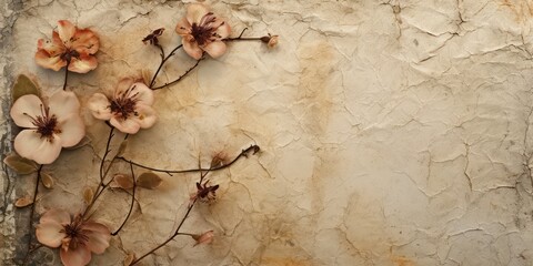 Vintage paper background with delicate botanical printed flowers and leaves on stained.