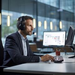 Obraz na płótnie Canvas A man wearing headphones and a headset sitting at a desk. Generative AI.