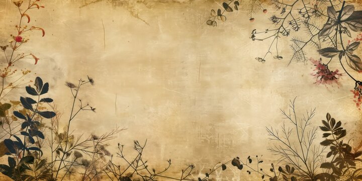 Vintage paper background with delicate botanical printed flowers and leaves on stained.