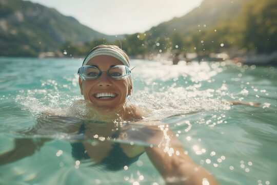 Mature woman exudes joy swimming in crystal-clear lake on a sunny day, sunlight dancing on water.