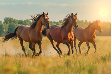 Majestic horses gallop freely across a vast green field under the open sky. Dynamic motion and natural beauty captured in this stunning image.