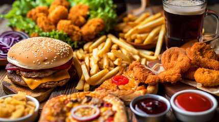 bacon cheeseburger, fries, chicken nuggets, onion rings, a slice of pizza, ketchup, and a beer mug on a wooden surface