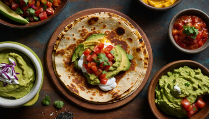 Fototapeta na wymiar Golden brown crust of a vegetable quesadilla perfectly toasted on a wooden board, surrounded by colorful salsa, guacamole, and sour cream dollops, creating an enticing contrast 