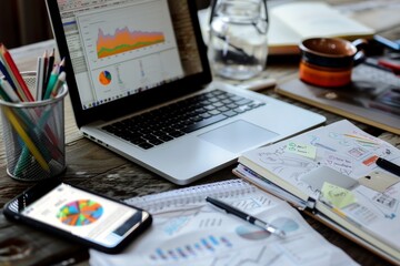 modern office workspace with a laptop displaying graphs and document, Working desk table concept
