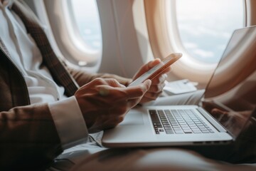 Working on airplane, businessman sitting and using smartphone inside airplane near the window