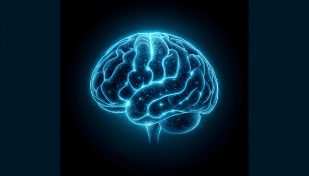 Futuristic blue brain hologram, floating on a black backdrop, depicting advanced neurotechnology.
Generative AI.
