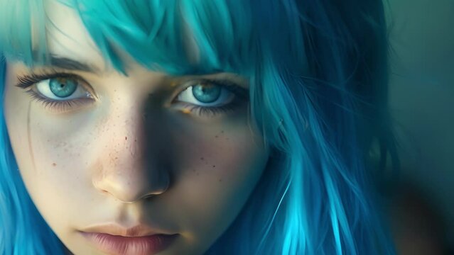 A teenage girl with bright blue hair her eyes full of rebellion and an unmistakable sense of selfawareness, Close-Up of Person With Blue Hair