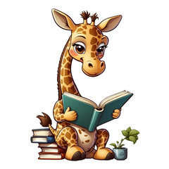 cartoon little giraffe reading a book, Transparent background, Perfect for stickers and clothes