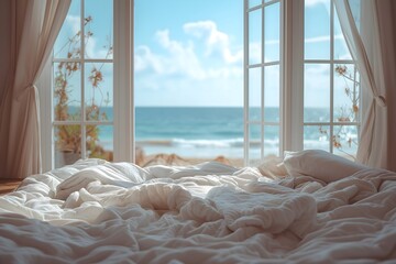 Tranquil bedroom scene featuring disheveled white bedding and a scenic ocean view. Perfect for vacation and mindfulness concepts.