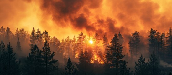 Devastating forest fire burning uncontrollably through thick woodland destroying trees and wildlife habitat