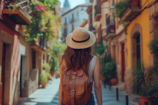 Young traveler girl explores the charming streets of an old town in Spain, embodying the spirit of solo adventure and cultural exploration.