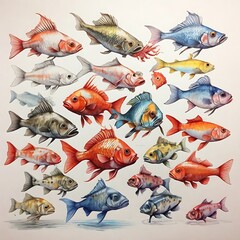 Obraz premium Cartoon drawings of various types of fish