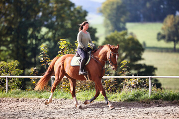 Horse woman rider riding in the sunshine at the riding arena.