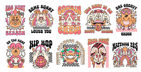 Hippie Easter graphic poster collection. Retro Easter 90s t shirt design set, Easter quotes bundle, 80s Easter groove cartoon character. Easter vector set for print