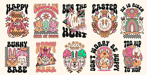 Retro Easter 90s t shirt design set, Hippie Easter graphic poster collection. Easter quotes bundle, 80s Easter groove cartoon character. Easter vector set for print - obrazy, fototapety, plakaty
