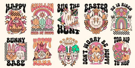 Foto op Aluminium Retro Easter 90s t shirt design set, Hippie Easter graphic poster collection. Easter quotes bundle, 80s Easter groove cartoon character. Easter vector set for print © Universtock