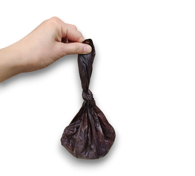 A hand holding a bag filled with dog poop isolated on transparent background.