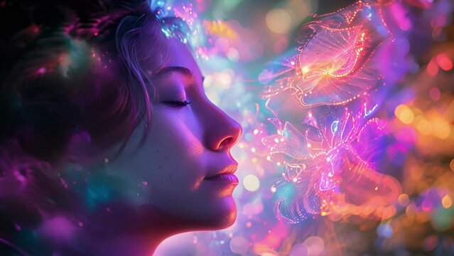 An ethereal holographic selfportrait with the artists features overlapping and melding into a dreamlike and otherworldly being evoking their imagination and creativity.