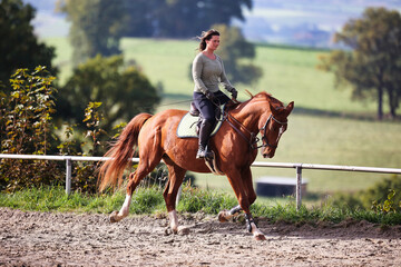 Horse woman rider riding in the sunshine at the riding arena.