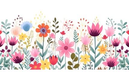Floral backdrop decorated with gorgeous multicolored blooming flowers and leaves border