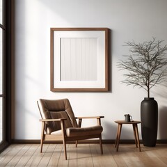 Empty frame in a living room interior with an armchair.