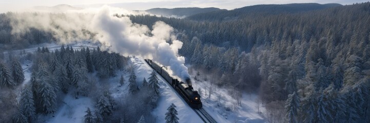 Steam train goes throw hazy winter forest. Beautiful snowy landscape picture. High angle view.