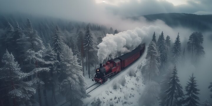 Steam train goes throw hazy winter forest. Beautiful snow mountains landscape picture. High angle view.