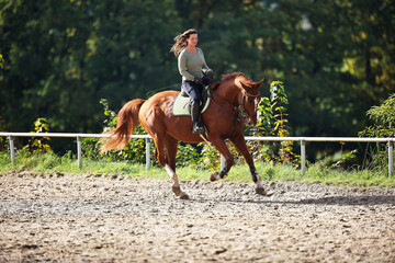 Horse woman rider riding in the sunshine at the riding arena.