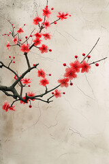 Cherry blossom tree branch card. Vertical postcard with red flowers and empty space. Spring floral background