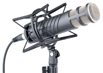 Microphone. Professional dynamic or condenser microphone. Radio broadcasting or podcast microphone with shock or anti vibration mount on stand. Mic without windshield. Recording voice, music or song