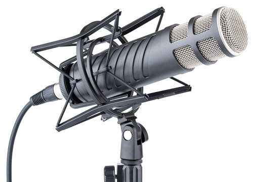 Microphone. Professional dynamic or condenser microphone. Radio broadcasting or podcast microphone with shock or anti vibration mount on stand. Mic without windshield. Recording voice, music or song