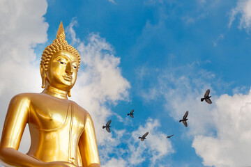 big golden buddha statue on blue sky nature