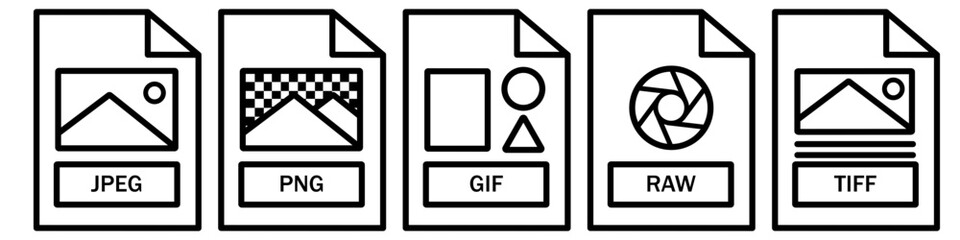Image File Format Icon Set. File Extensions For Images.Flat Colored Shape. Black Line Style.
