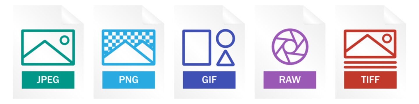 Image File Format Icon Set. File Extensions For Images.Set Of JPEG, PNG, GIF, RAW, TIFF. Flat Colored Shape. 