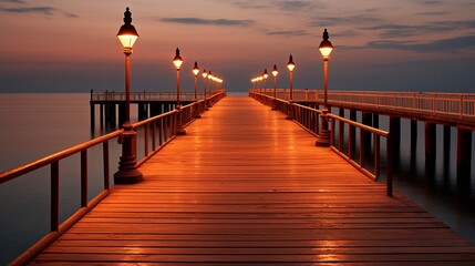 Obraz premium Wooden pier with lanterns at sunset in the evening time.