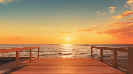 Obraz premium Sunset time view from wooden board with sea background.