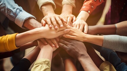 Group of multiethnic people holding hands together, unity in diversity concept. - obrazy, fototapety, plakaty