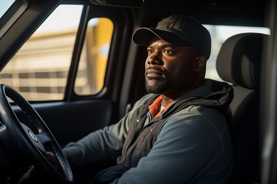 Black male truck driver driving a truck 