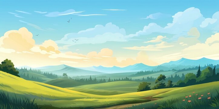 Landscape with mountains, meadow and clouds, Generative AI illustrations.