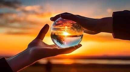 Hand holding a crystal ball with a sunset in the background, Generative AI illustrations.