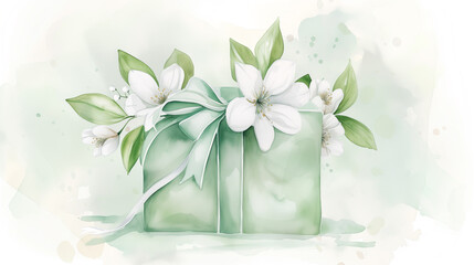 Spring gift box with white flowers and pastel ribbon, illustration
