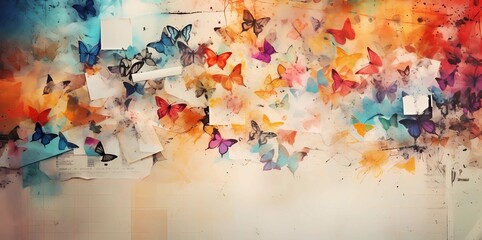 Grunge paper background with colorful butterflies and copy space for text, Generative AI illustrations.