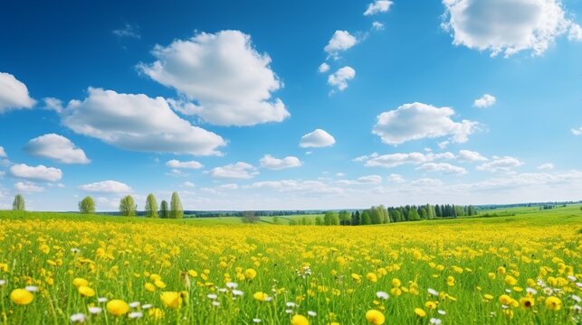Field of yellow flowers and blue sky with clouds. Spring landscape.