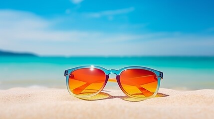 Fototapeta na wymiar Glasses protect your eyes from UV rays while on holiday at the beach.