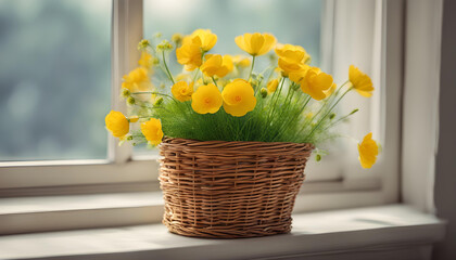 yellow Buttercups flowers in wicker basket near window.