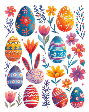 Vibrant easter illustration set with eggs, flowers, bunny, and floral patterns