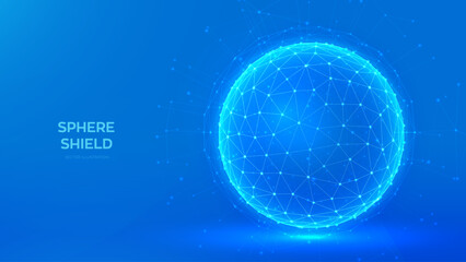Sphere shield. Abstract low polygonal Sphere on blue background. Protection shield. Abstract cyberspace technology concept of protection, anti virus, security. Vector illustration.