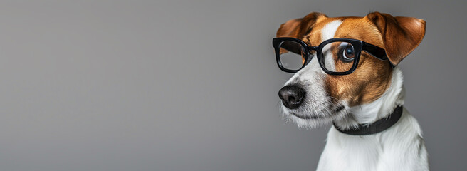 Intelligent dog wearing large black glasses on grey background with copy space - obrazy, fototapety, plakaty