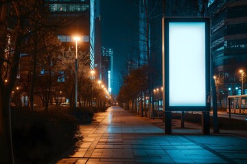 Outdoor advertising lightbox mockup on city street at night, perfect for digital screen displays or public announcements. Versatile and customizable.